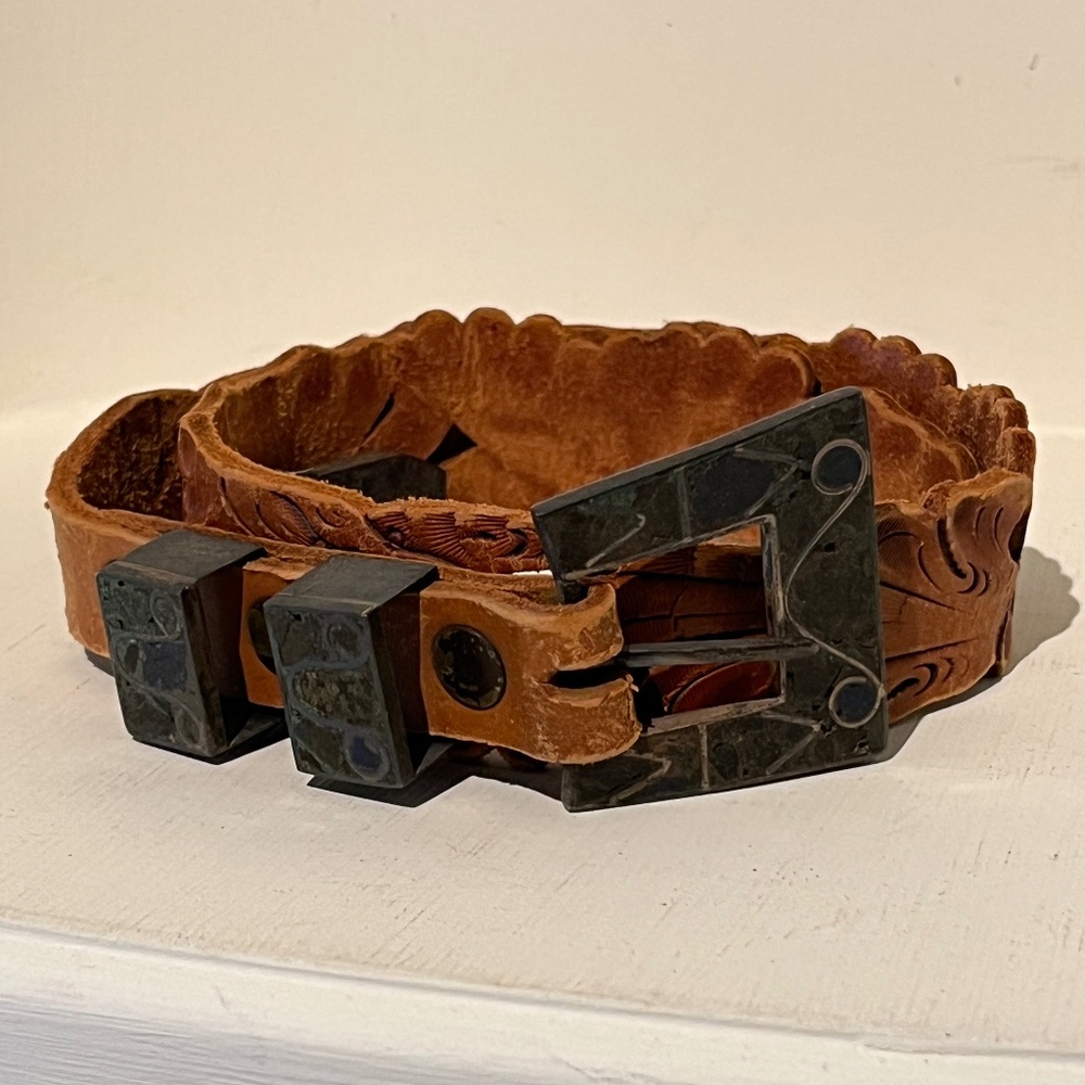 Vintage Women's Hand Tooled Leather Belt with Sterling Silver & Lapis Buckle Set